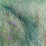 © BMo- Dans l'herbe - ombelles et chardons - Huile sur toile - 2022-120x40 cm